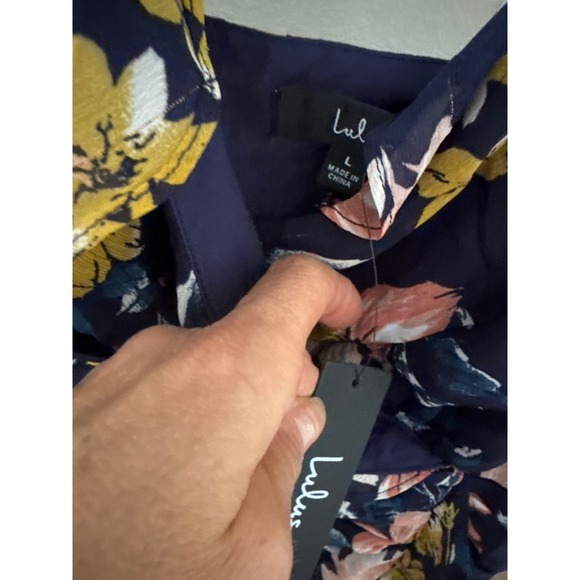NWT Lulu's Stunning Soiree Navy Blue Floral Print Ruched Midi‎ Dress Lined Large - Picture 8 of 10